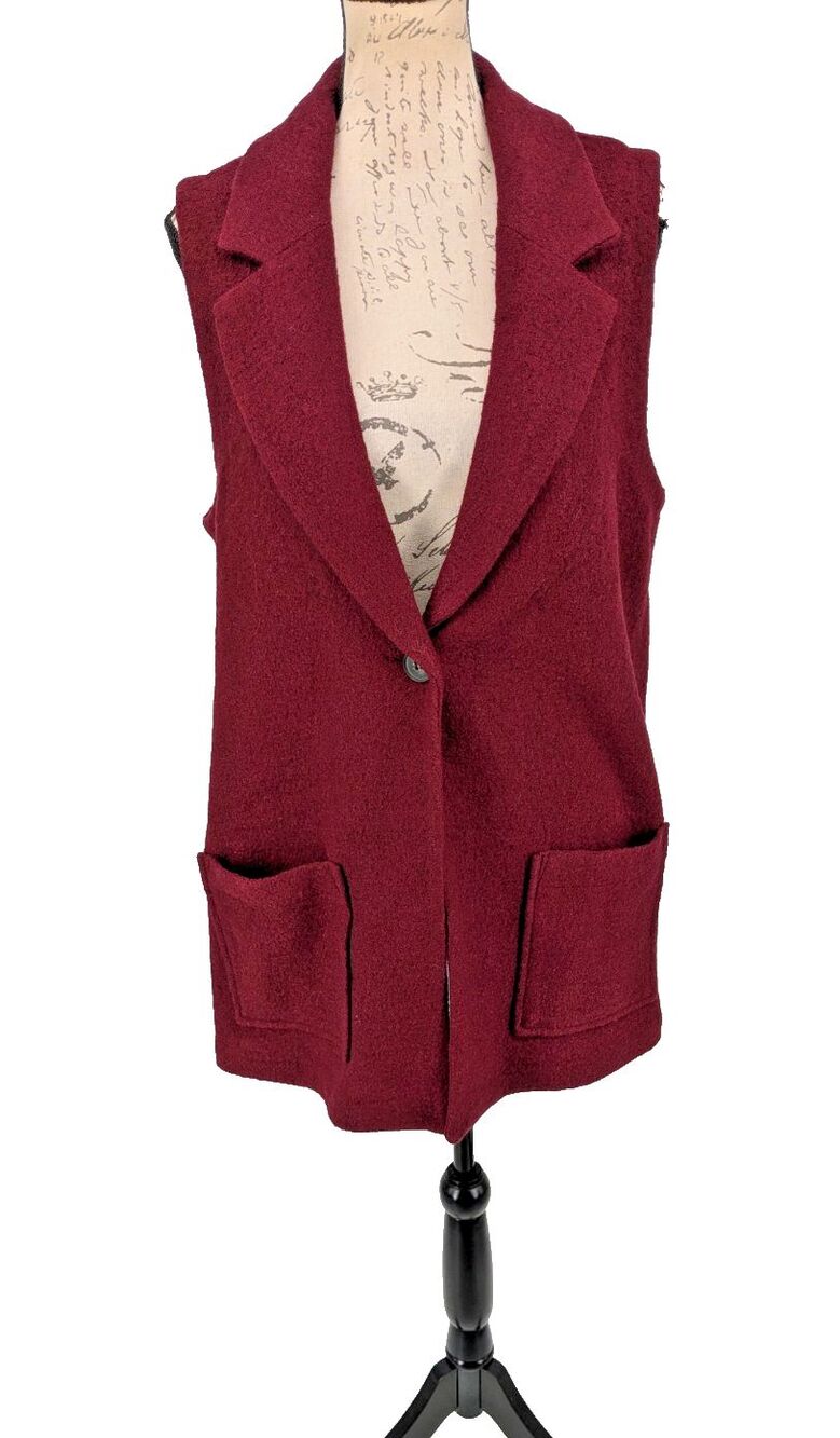 TAHARI Burgundy Cardigan Sweater Vest  Long Line  Notch Collar  Minimalist